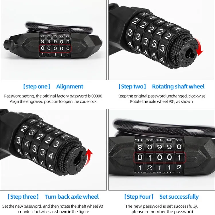 Bicycle Anti-Theft Code Lock Five-Digit Bicycle Lock Portable Bold And Long Steel Cable With Bracket Car Lock(Black)