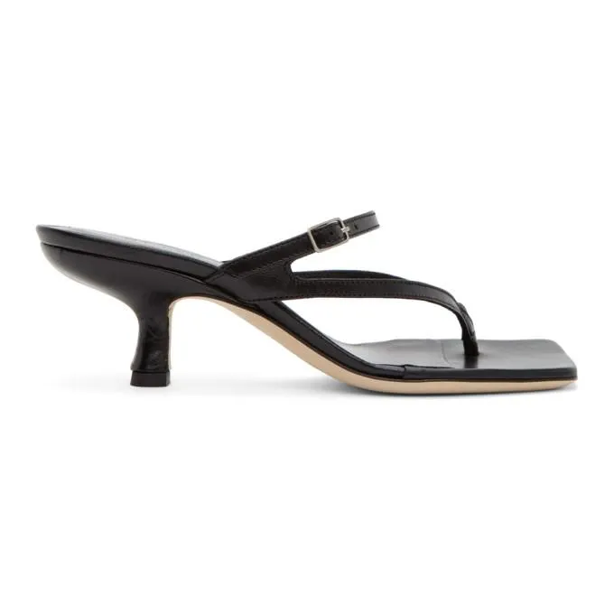 BY FAR Black Creased Leather Desiree Heeled Sandals