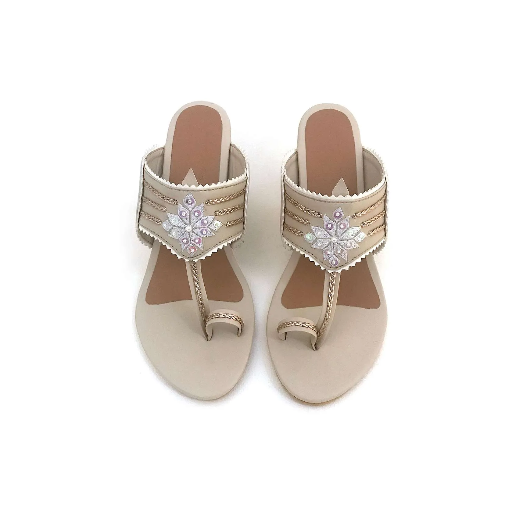Cream Kolhapuri Heels With Zari Embroidered Motif And Block Heel By Sole House