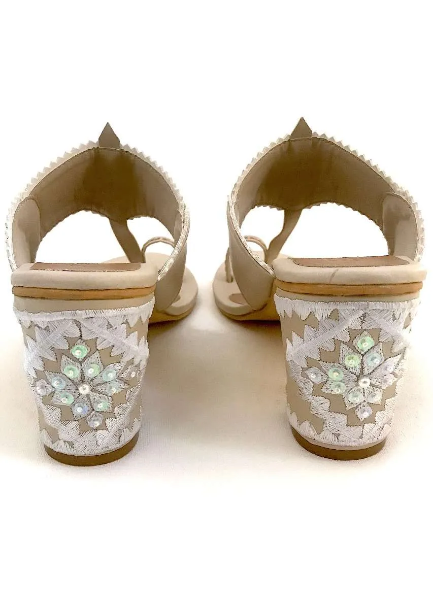 Cream Kolhapuri Heels With Zari Embroidered Motif And Block Heel By Sole House