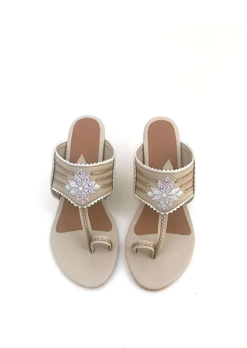 Cream Kolhapuri Heels With Zari Embroidered Motif And Block Heel By Sole House