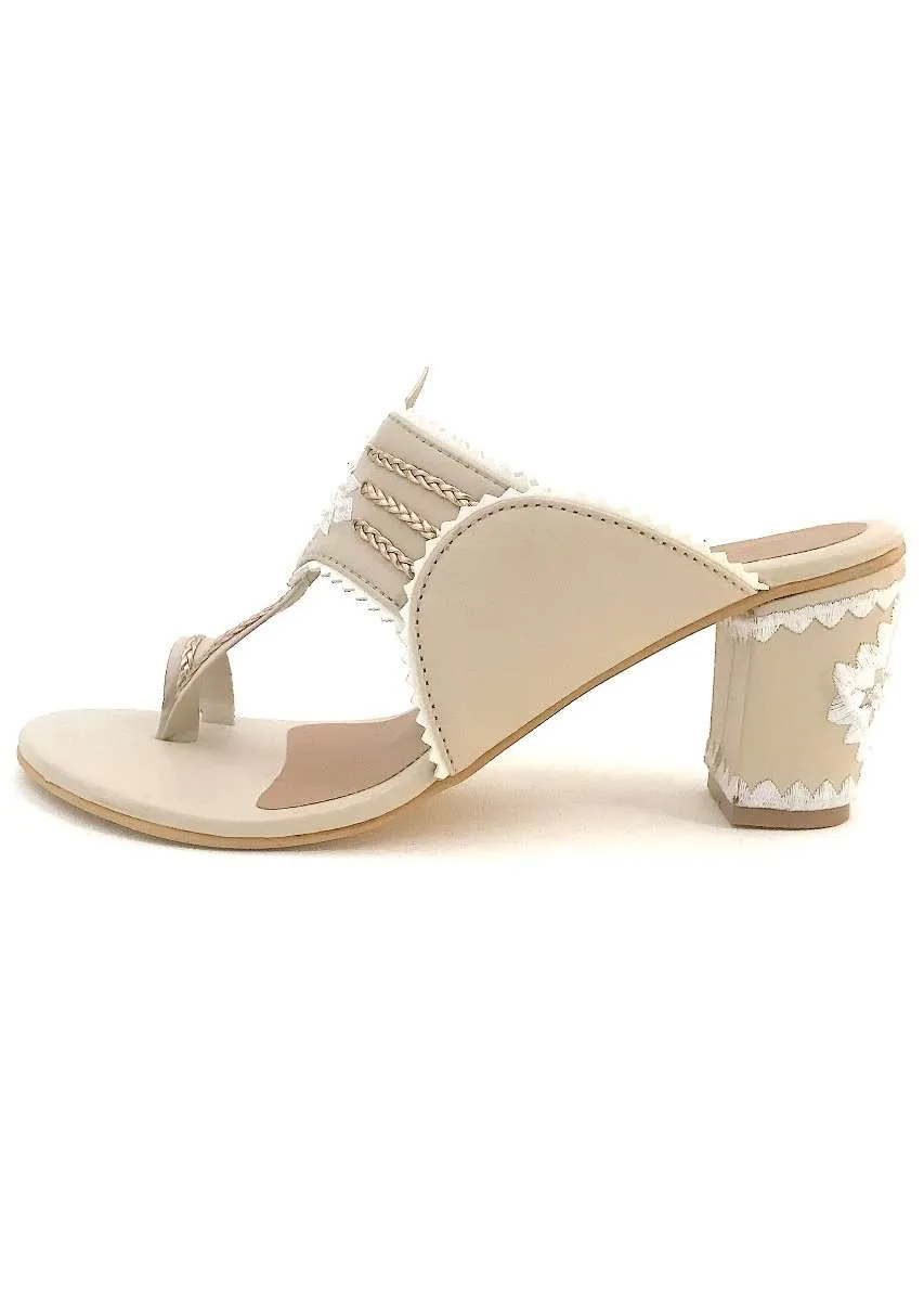 Cream Kolhapuri Heels With Zari Embroidered Motif And Block Heel By Sole House
