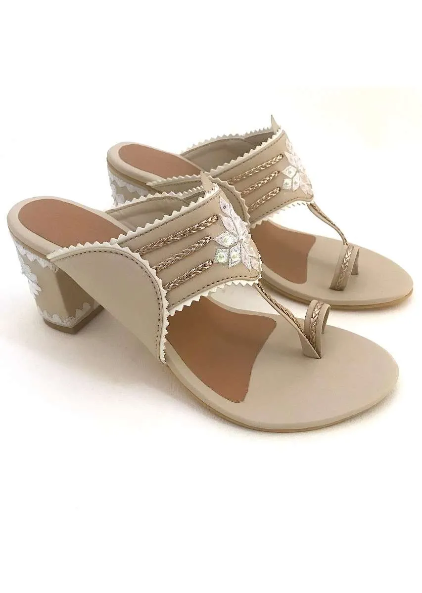Cream Kolhapuri Heels With Zari Embroidered Motif And Block Heel By Sole House