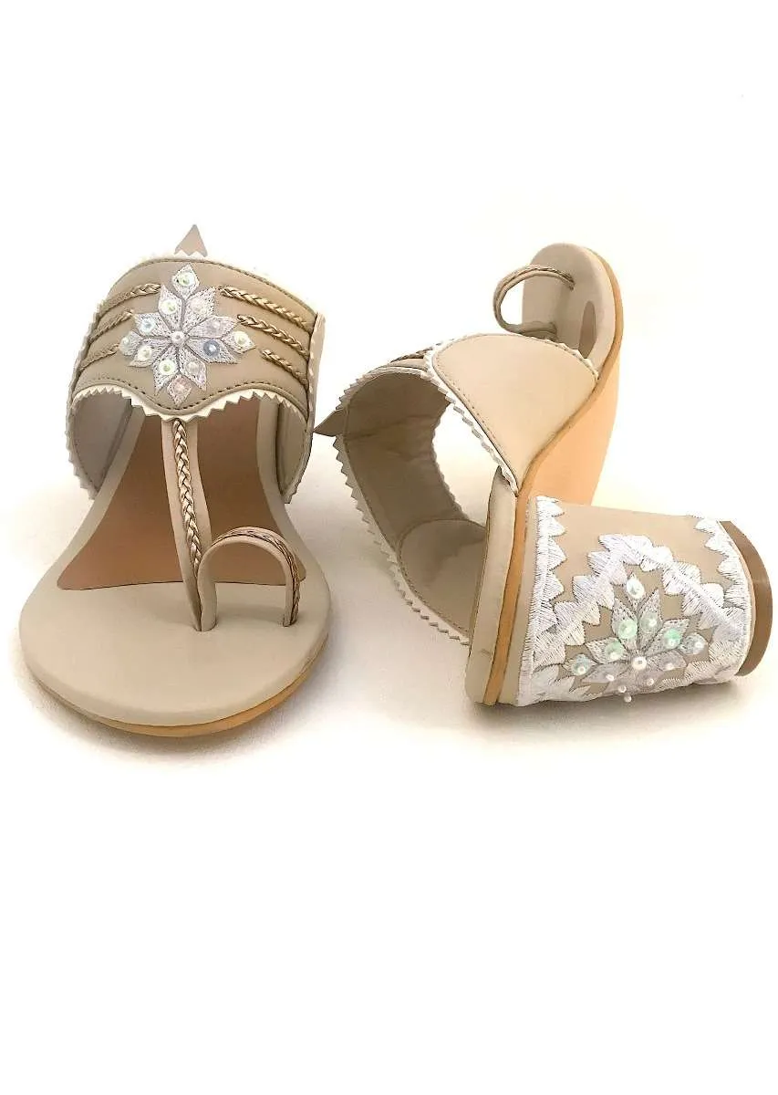 Cream Kolhapuri Heels With Zari Embroidered Motif And Block Heel By Sole House
