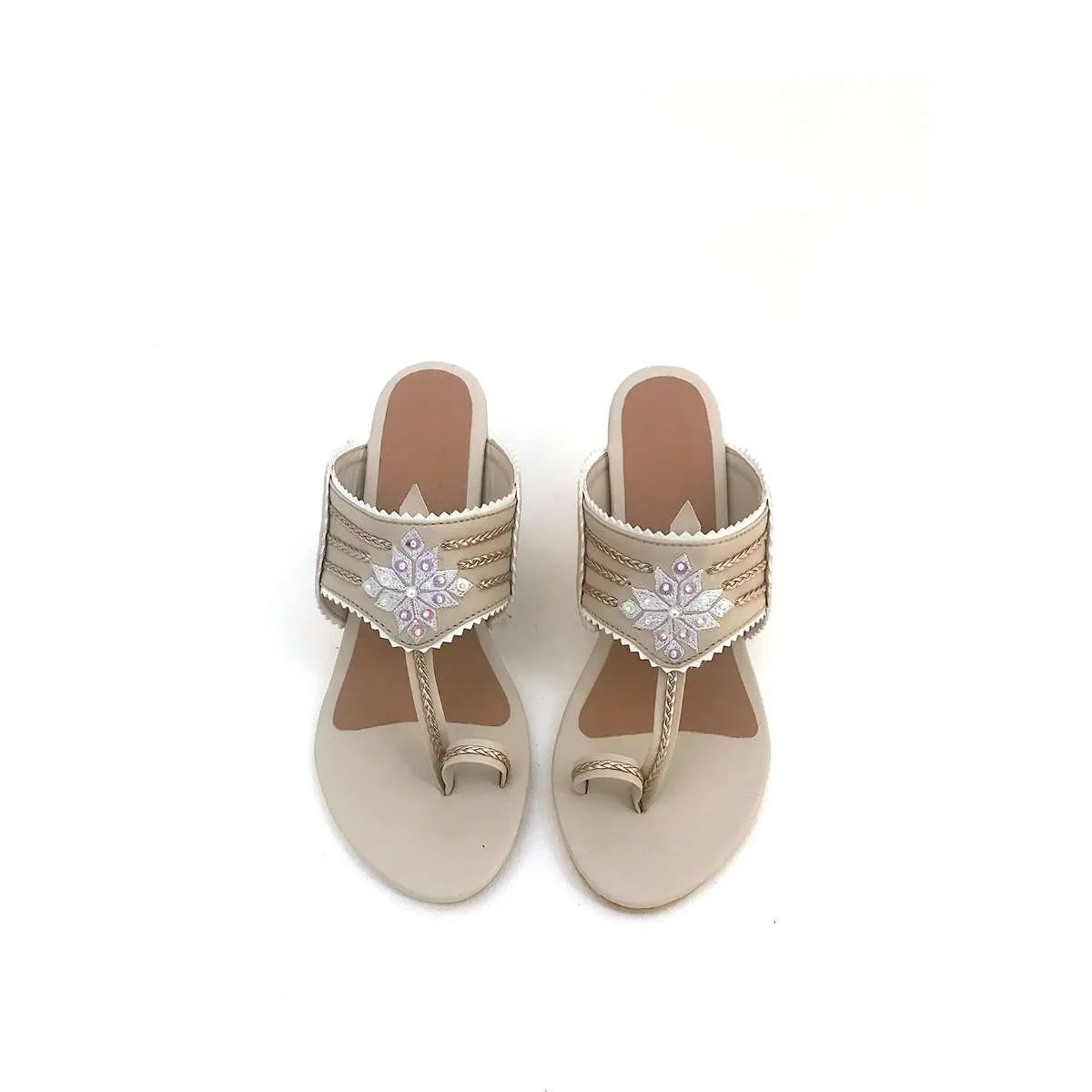 Cream Kolhapuri Heels With Zari Embroidered Motif And Block Heel By Sole House
