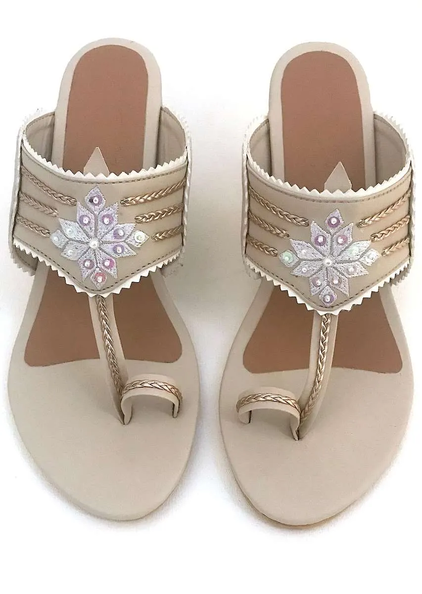 Cream Kolhapuri Heels With Zari Embroidered Motif And Block Heel By Sole House