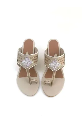 Cream Kolhapuri Heels With Zari Embroidered Motif And Block Heel By Sole House