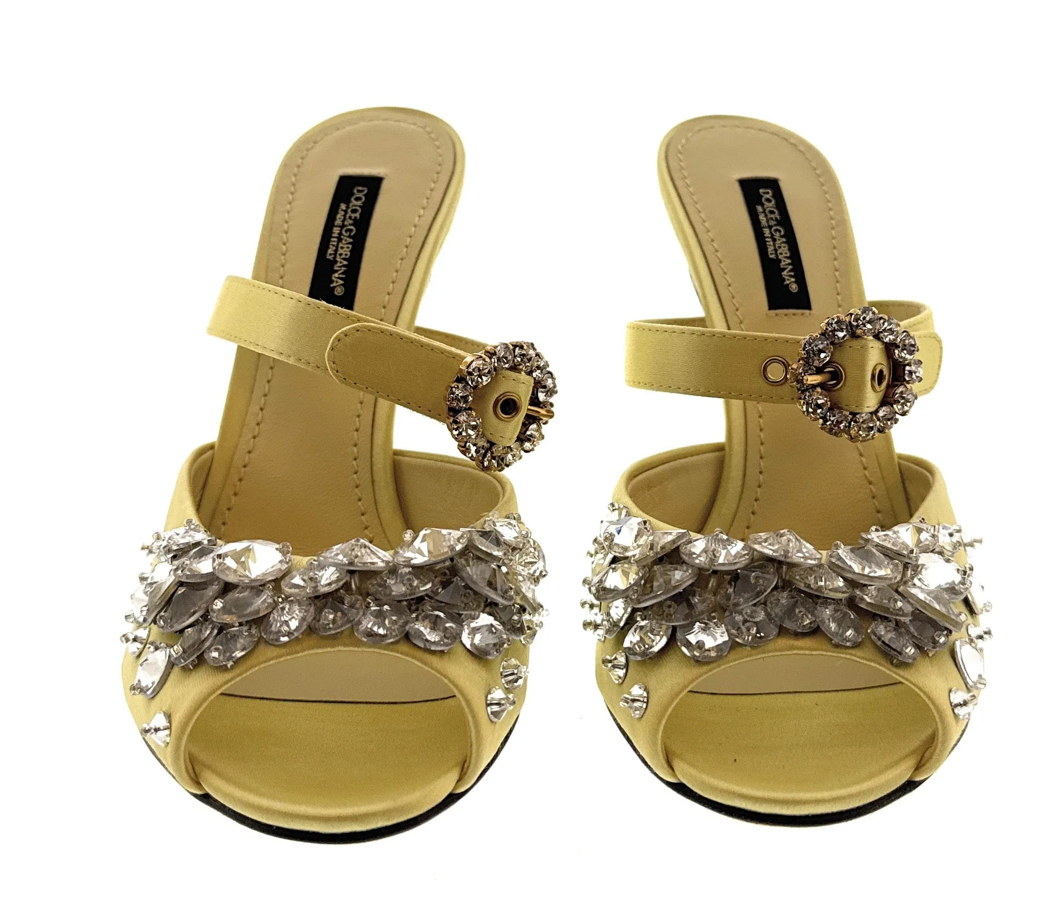 Dolce & Gabbana Yellow Satin Crystal Embellished Peep Toe Heels-EU36