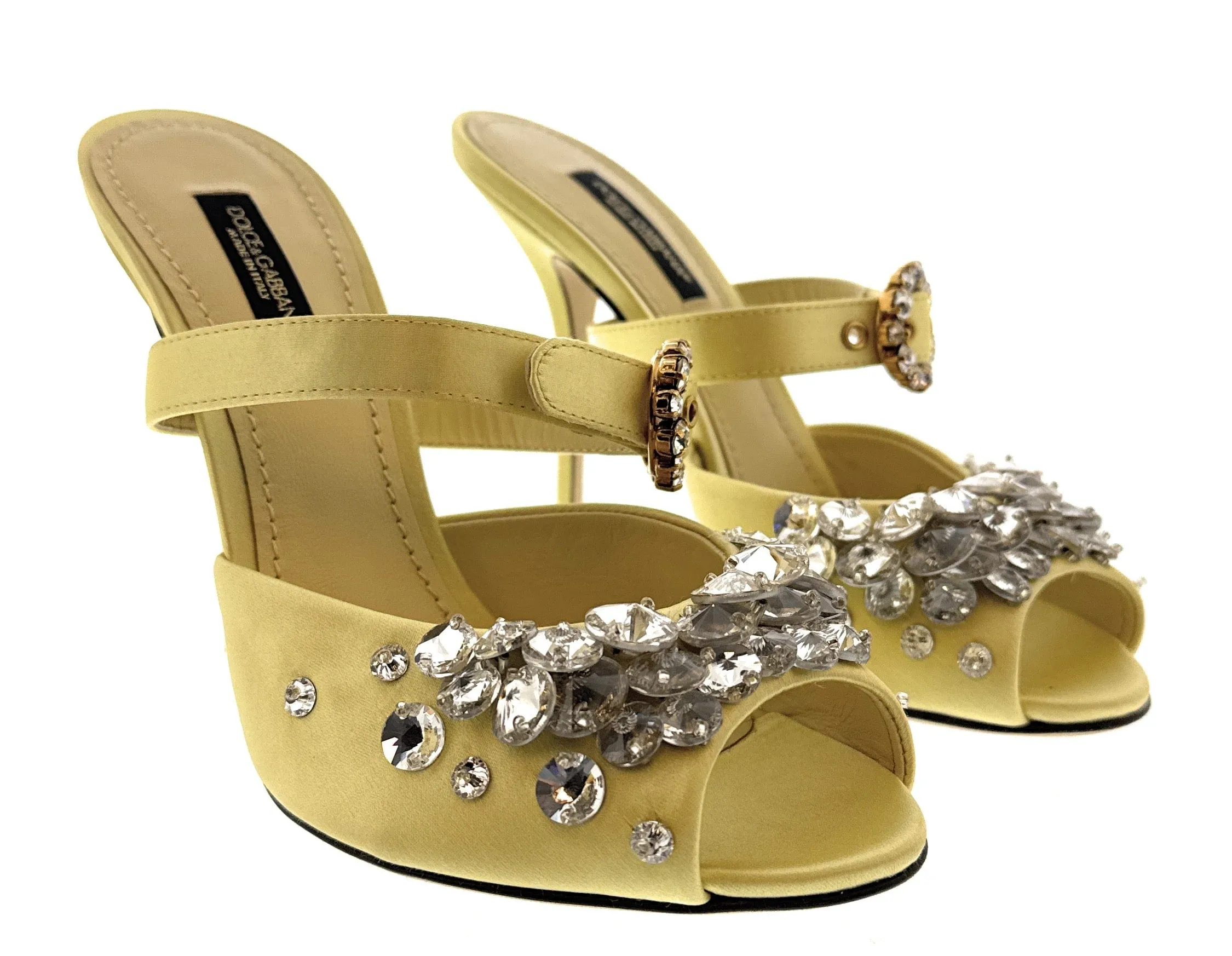 Dolce & Gabbana Yellow Satin Crystal Embellished Peep Toe Heels-EU36