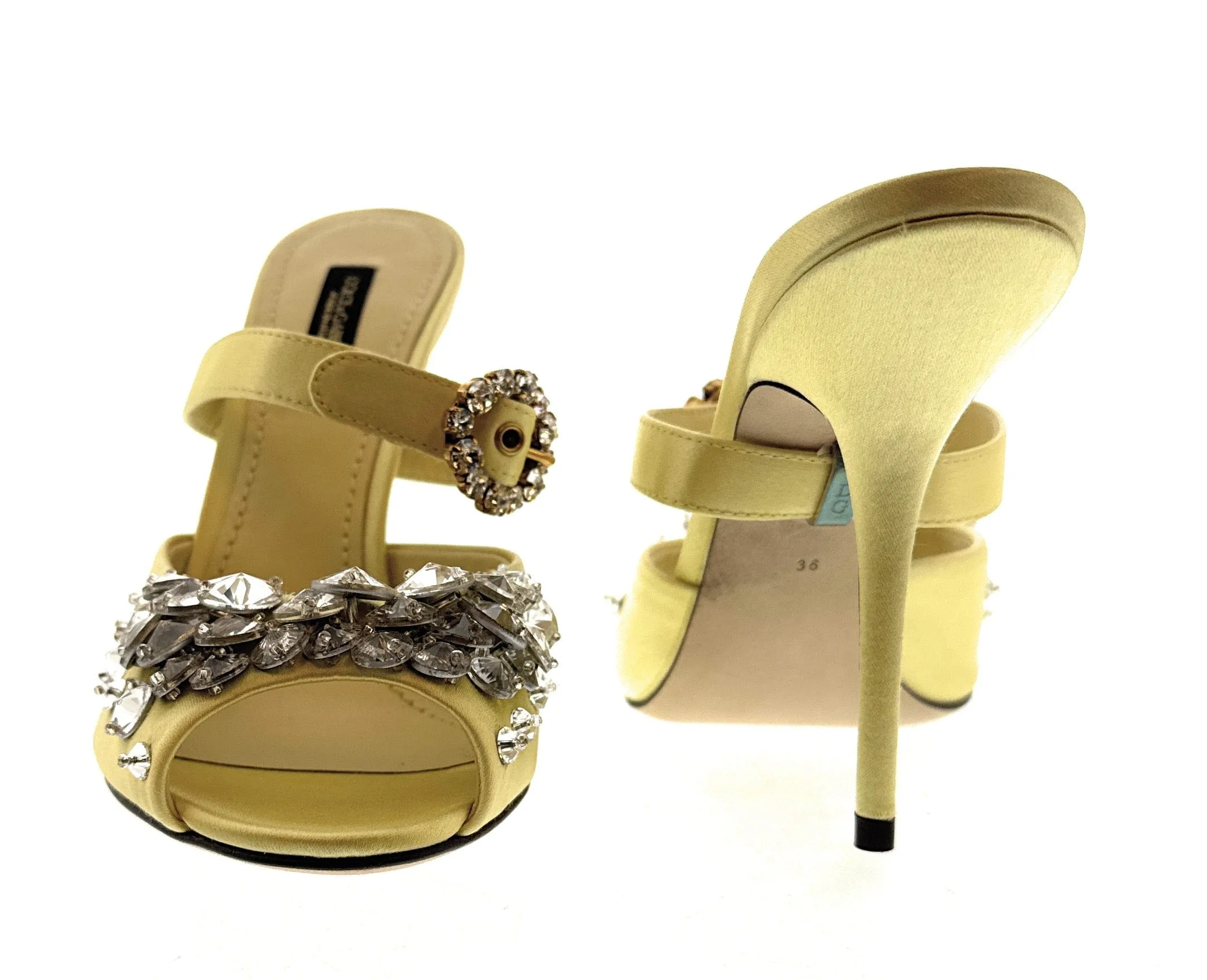 Dolce & Gabbana Yellow Satin Crystal Embellished Peep Toe Heels-EU36