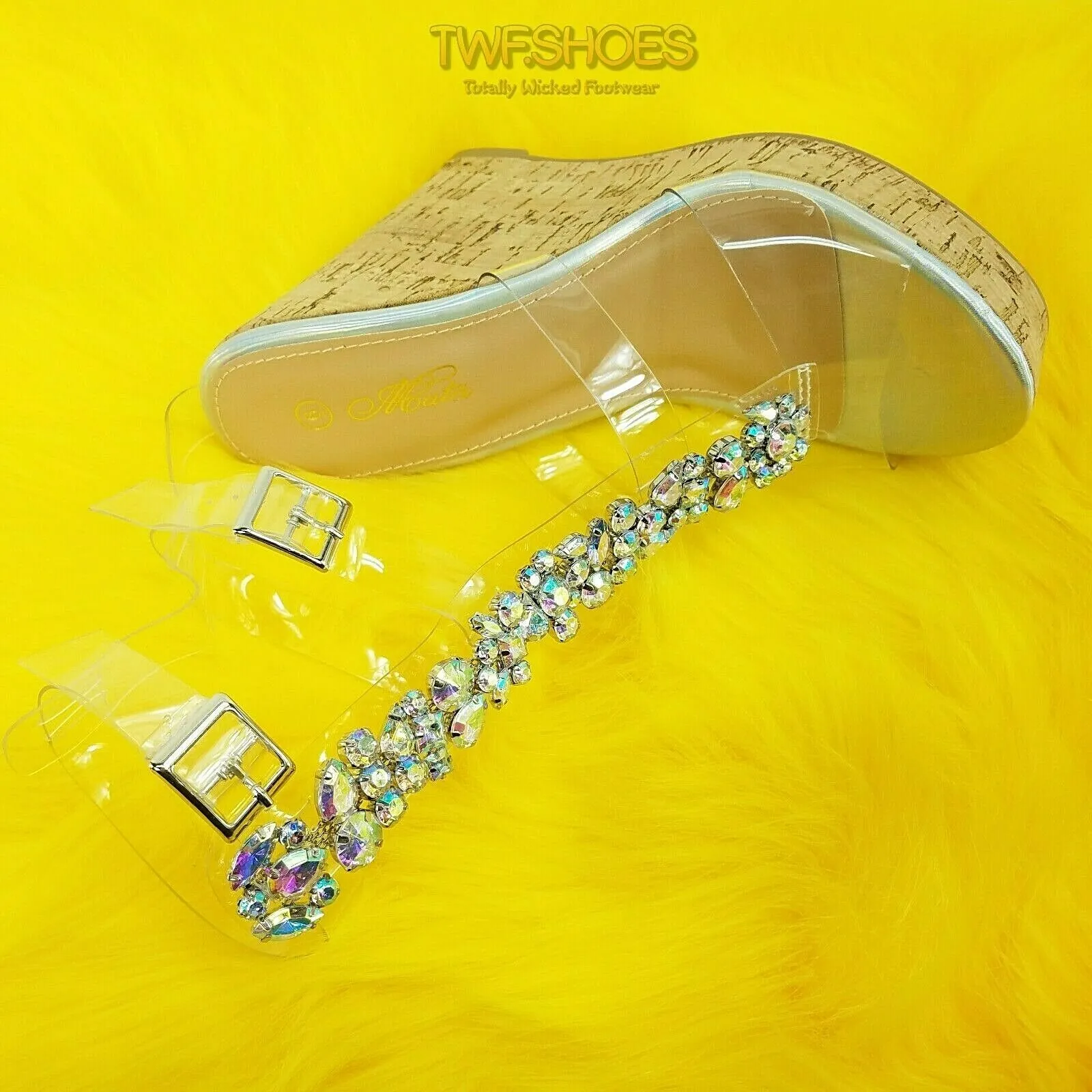 Eleet 5" Cork Wedge Rhinestone Crystal Jeweled High Heel Sandal Shoe Silver Holo