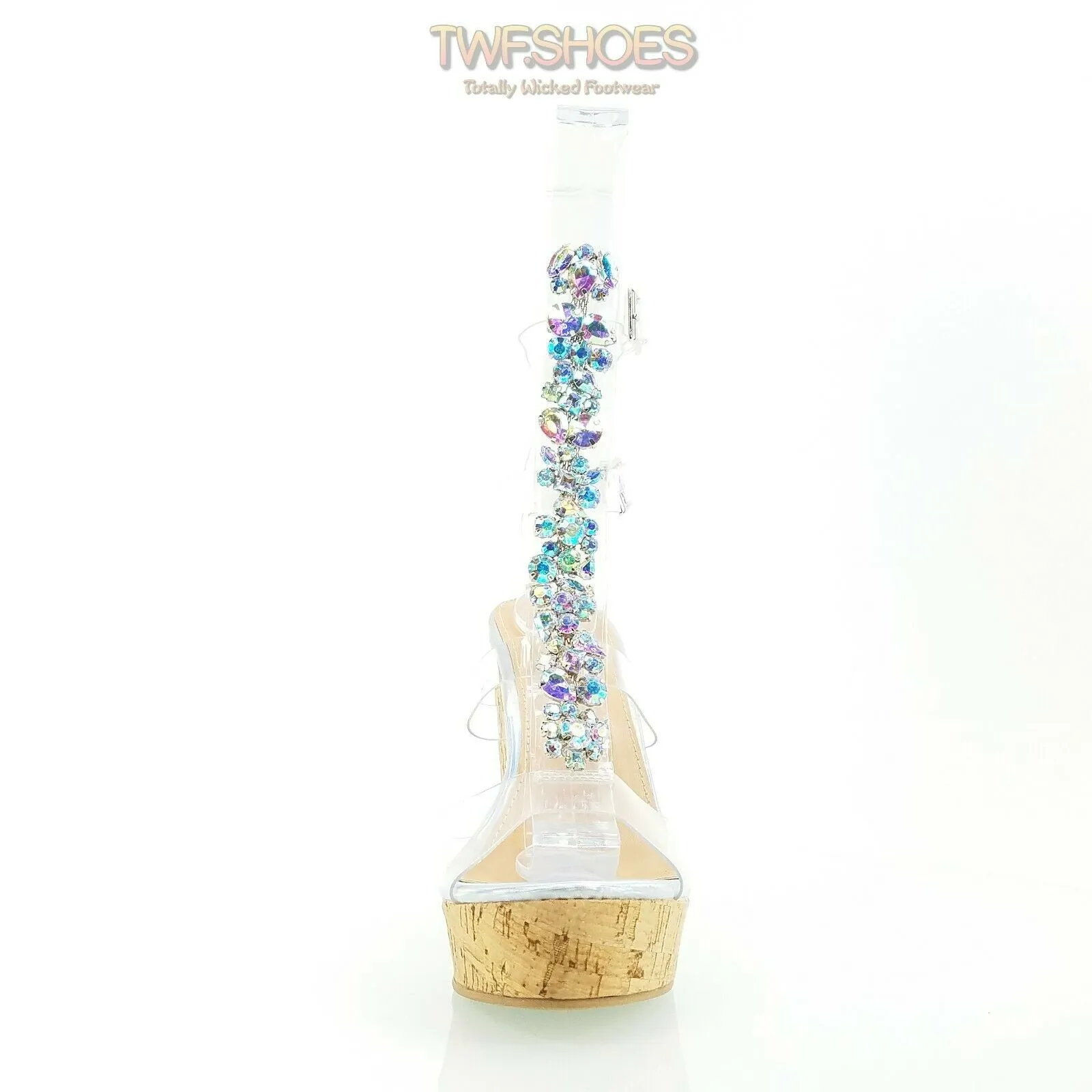 Eleet 5" Cork Wedge Rhinestone Crystal Jeweled High Heel Sandal Shoe Silver Holo