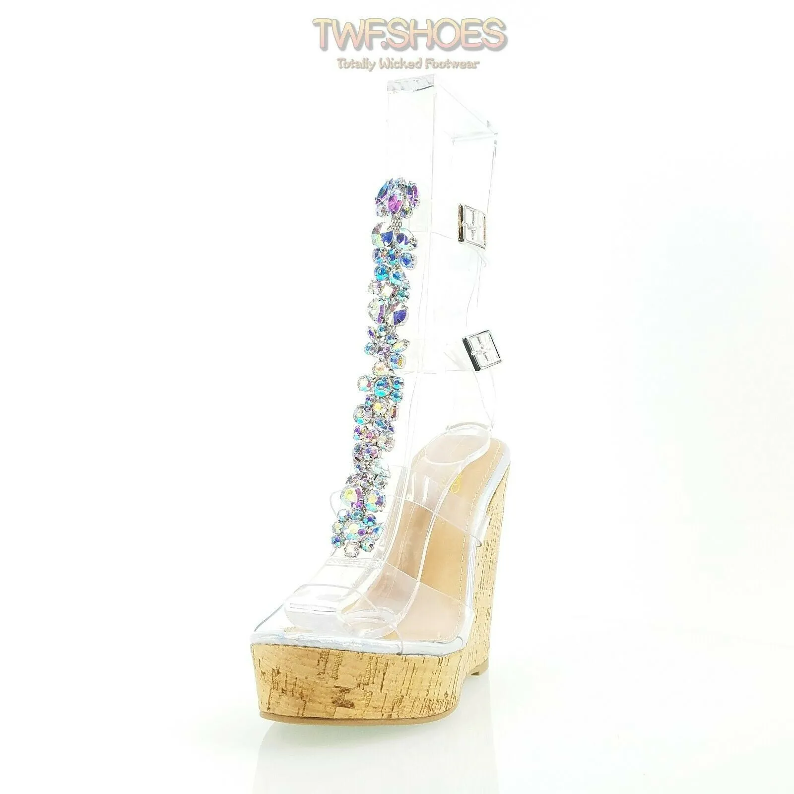 Eleet 5" Cork Wedge Rhinestone Crystal Jeweled High Heel Sandal Shoe Silver Holo