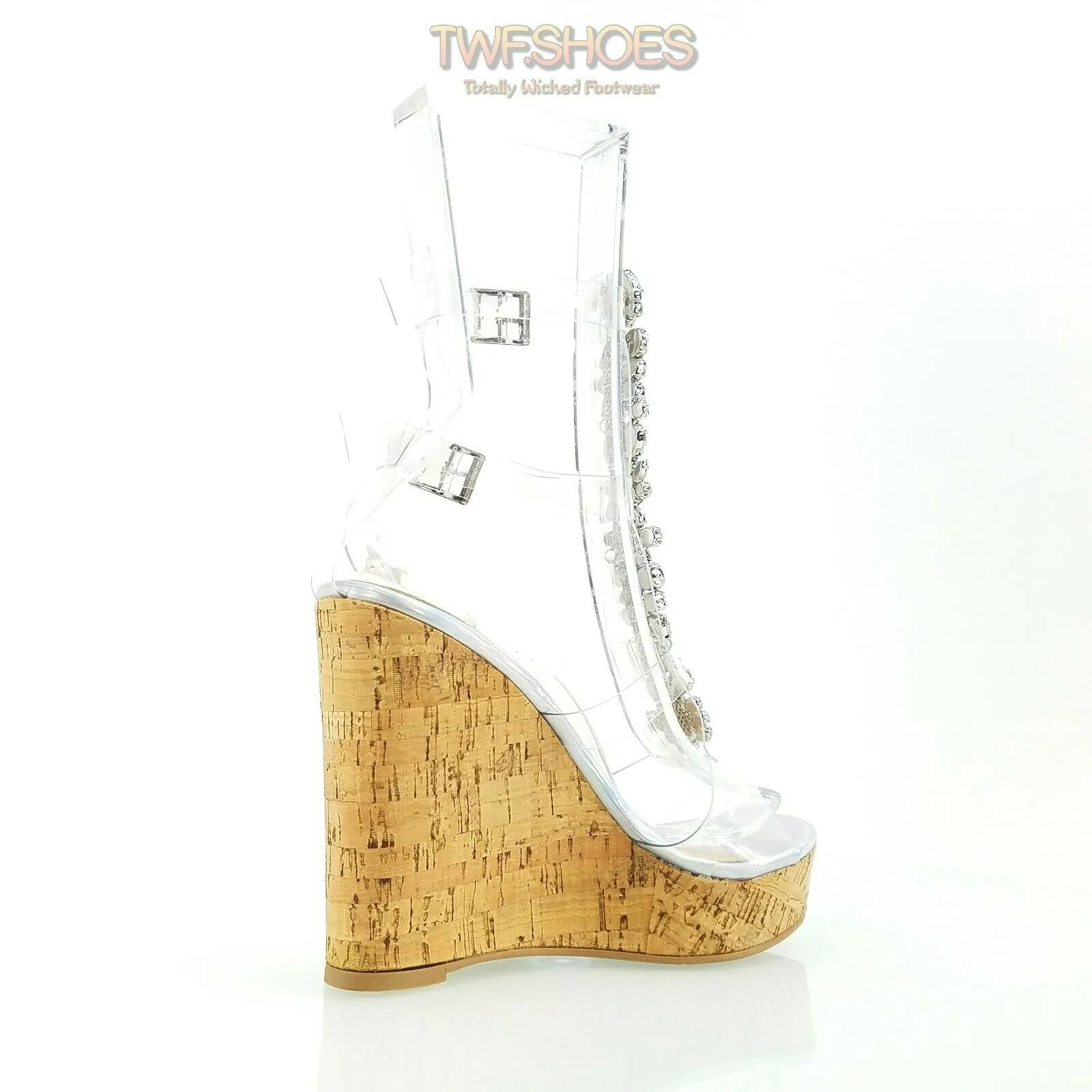 Eleet 5" Cork Wedge Rhinestone Crystal Jeweled High Heel Sandal Shoe Silver Holo