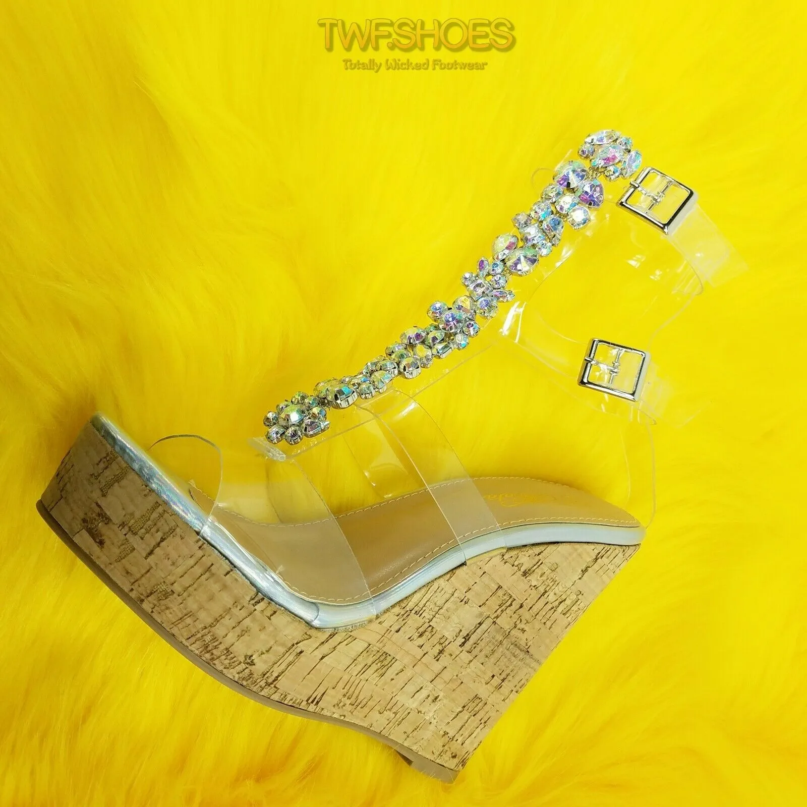 Eleet 5" Cork Wedge Rhinestone Crystal Jeweled High Heel Sandal Shoe Silver Holo