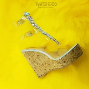 Eleet 5" Cork Wedge Rhinestone Crystal Jeweled High Heel Sandal Shoe Silver Holo