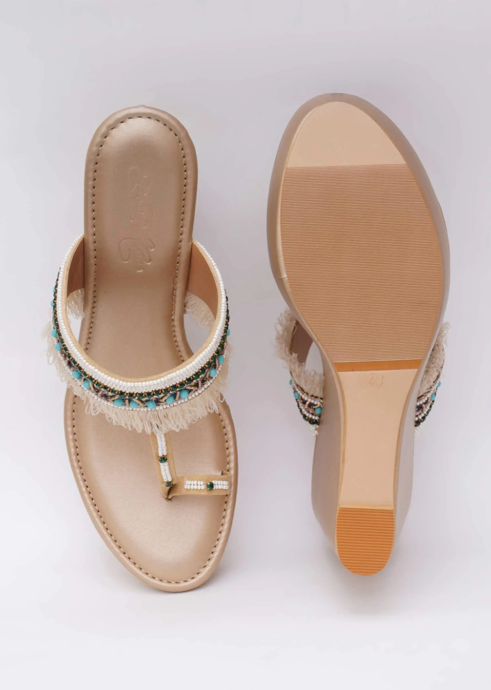 Hand Embroidered Gold Toned Fringe Wedges In Soft Faux Leather