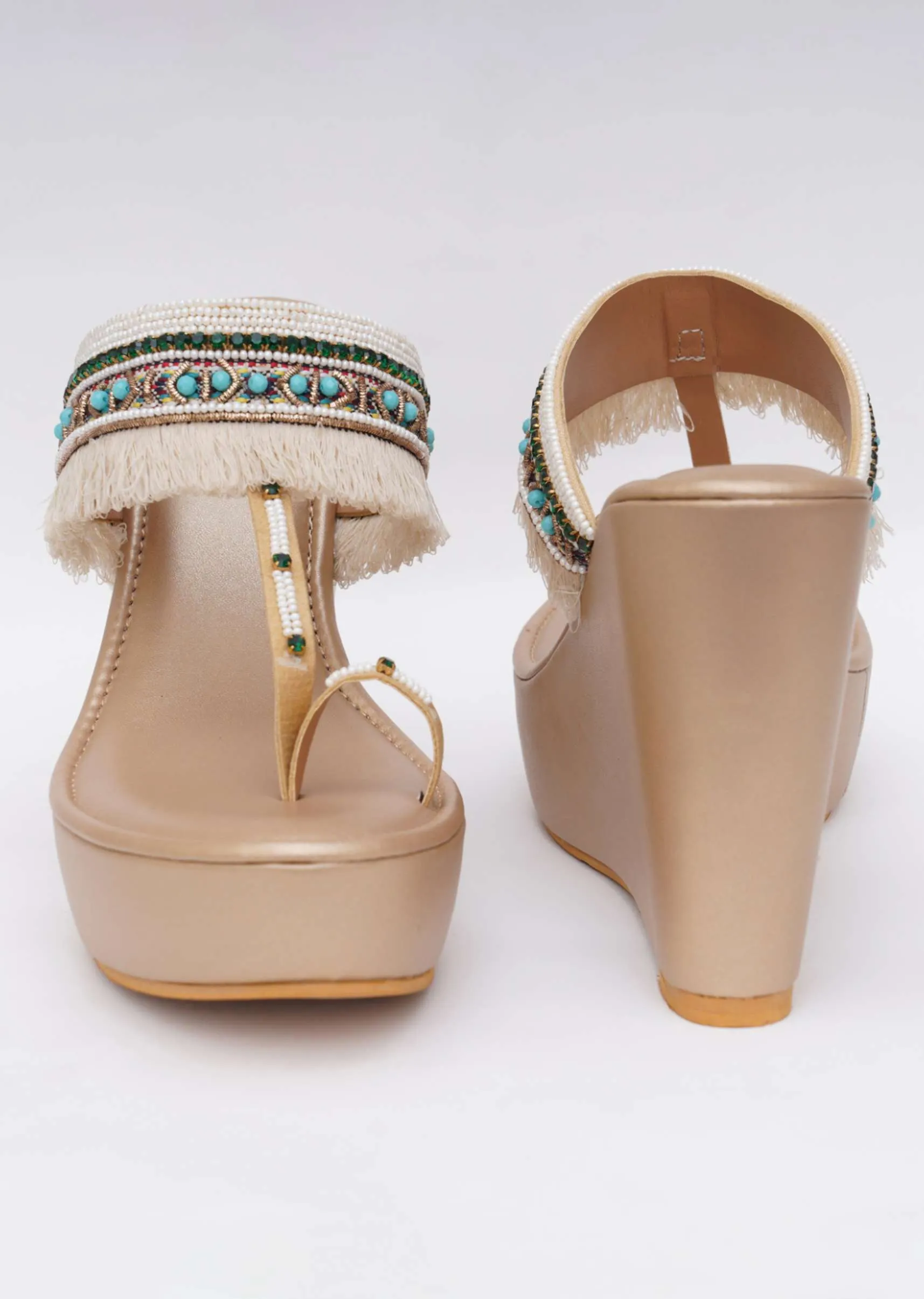 Hand Embroidered Gold Toned Fringe Wedges In Soft Faux Leather