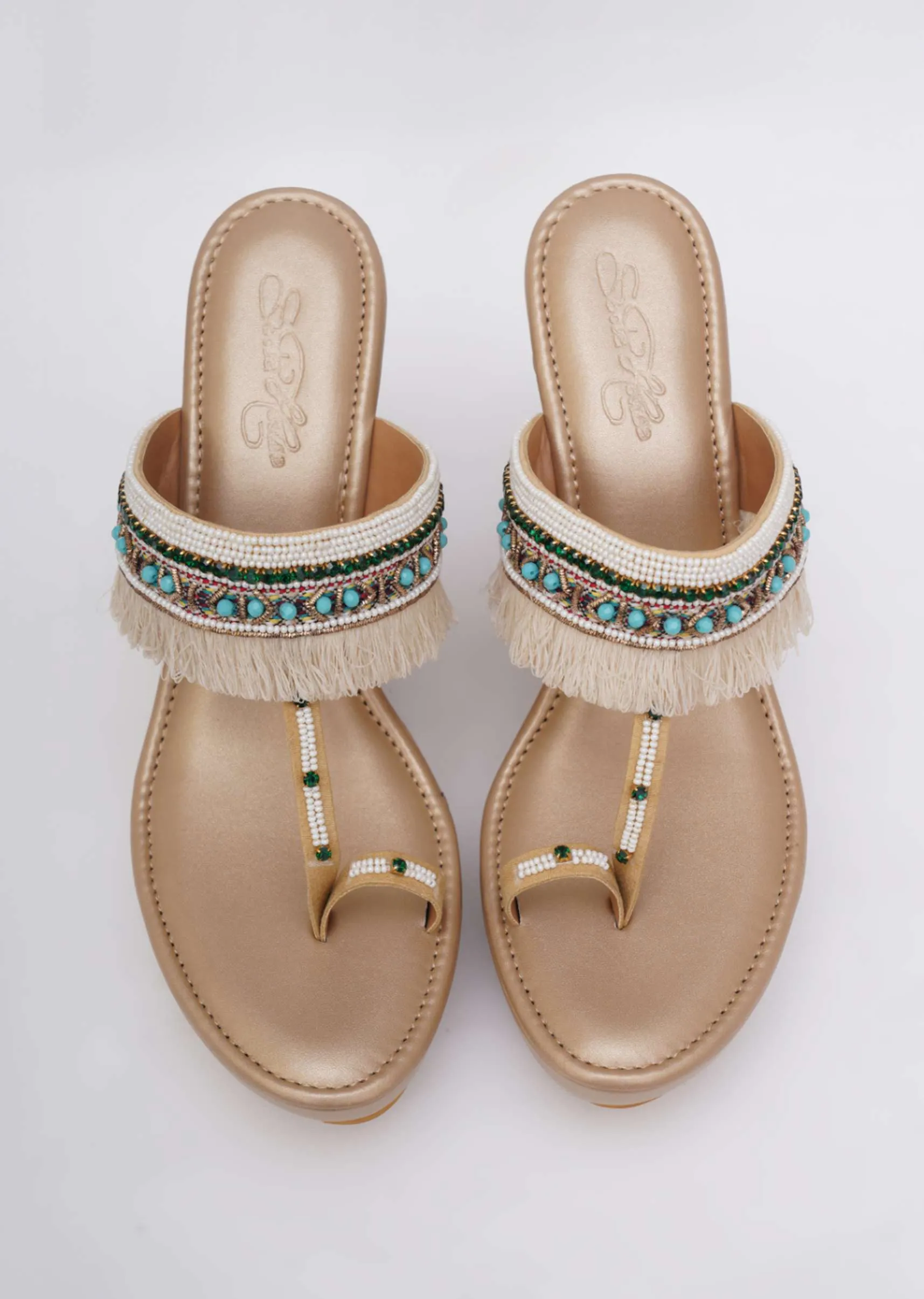 Hand Embroidered Gold Toned Fringe Wedges In Soft Faux Leather