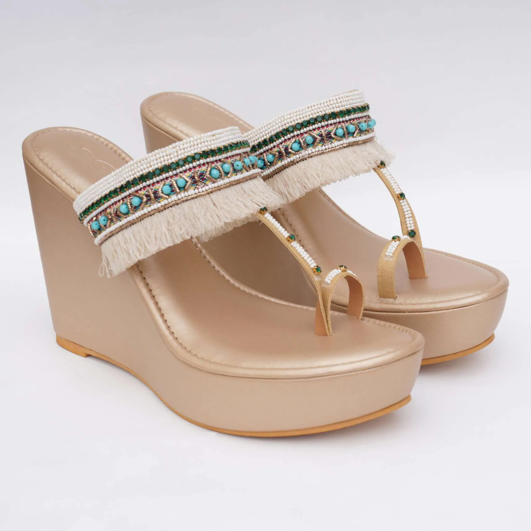 Hand Embroidered Gold Toned Fringe Wedges In Soft Faux Leather