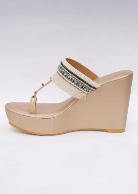 Hand Embroidered Gold Toned Fringe Wedges In Soft Faux Leather