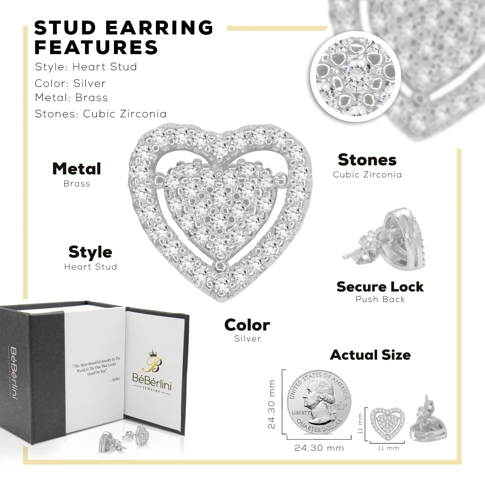 Heart 2 Cubic Zirconia Earrings 14K Gold Filled Silver Hip Hop Studs Jewelry Women