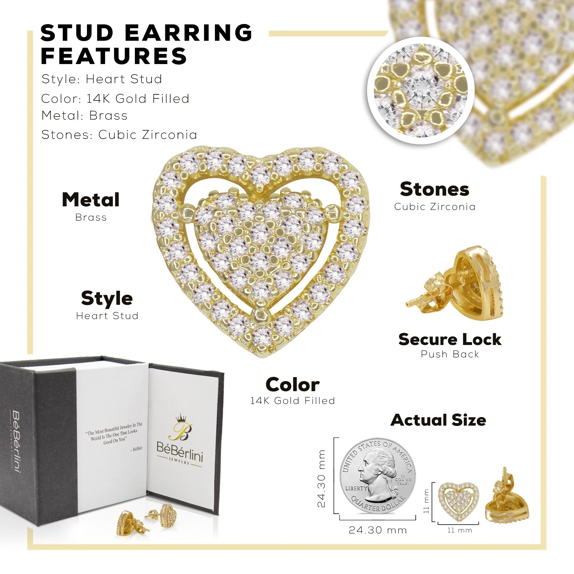 Heart 2 Cubic Zirconia Earrings 14K Gold Filled Silver Hip Hop Studs Jewelry Women