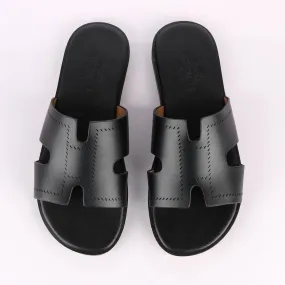 Hermes Paris Black Pattern Design Black Leather Slippers