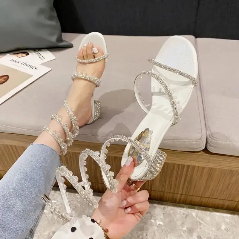 Hnzxzm 2024 Summer Luxury Women Sandals Fashion Square Head Rhinestone Pendant Crystal Mid Heel Party Wedding Shoes