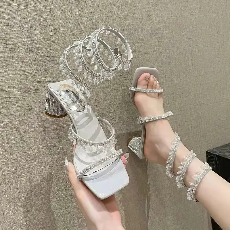 Hnzxzm 2024 Summer Luxury Women Sandals Fashion Square Head Rhinestone Pendant Crystal Mid Heel Party Wedding Shoes