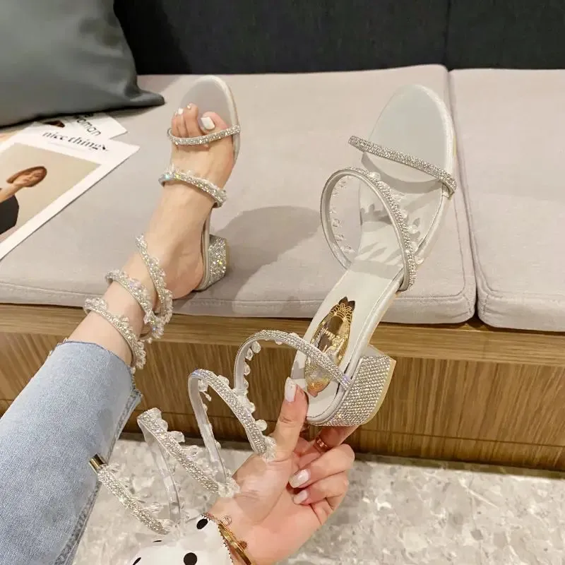 Hnzxzm 2024 Summer Luxury Women Sandals Fashion Square Head Rhinestone Pendant Crystal Mid Heel Party Wedding Shoes