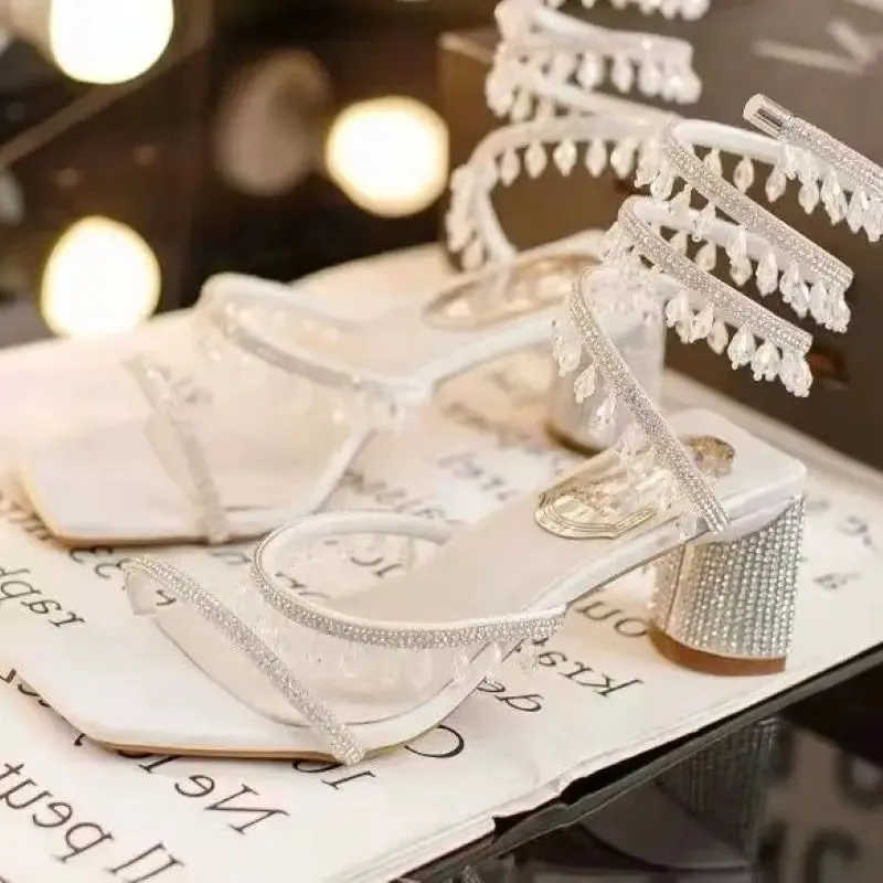 Hnzxzm 2024 Summer Luxury Women Sandals Fashion Square Head Rhinestone Pendant Crystal Mid Heel Party Wedding Shoes
