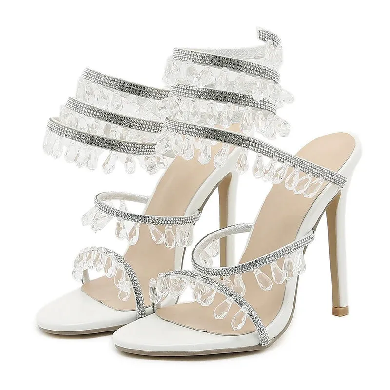 Hnzxzm 2024 Summer Luxury Women Sandals Fashion Square Head Rhinestone Pendant Crystal Mid Heel Party Wedding Shoes