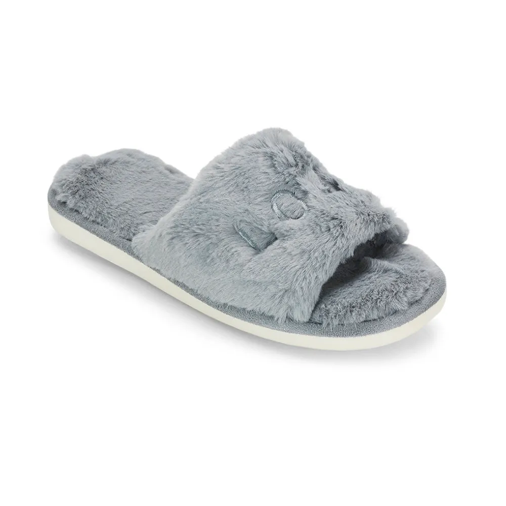 Lula Peep Toe Fluffy Soft Faux Fur Flat Embroidered Cosy Love Slippers in Pink
