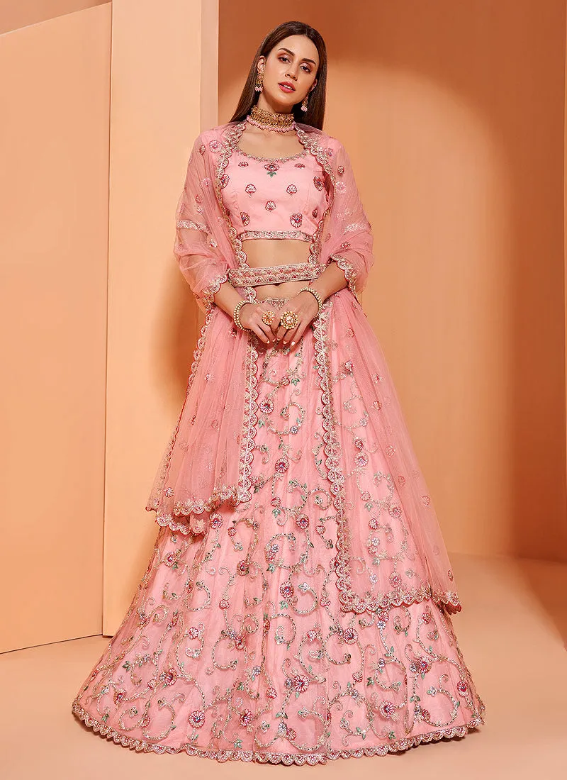 Soft Pink Floral Embroidered Wedding Lehenga Choli