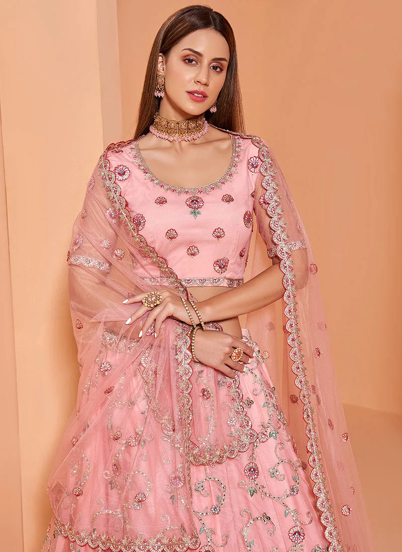 Soft Pink Floral Embroidered Wedding Lehenga Choli