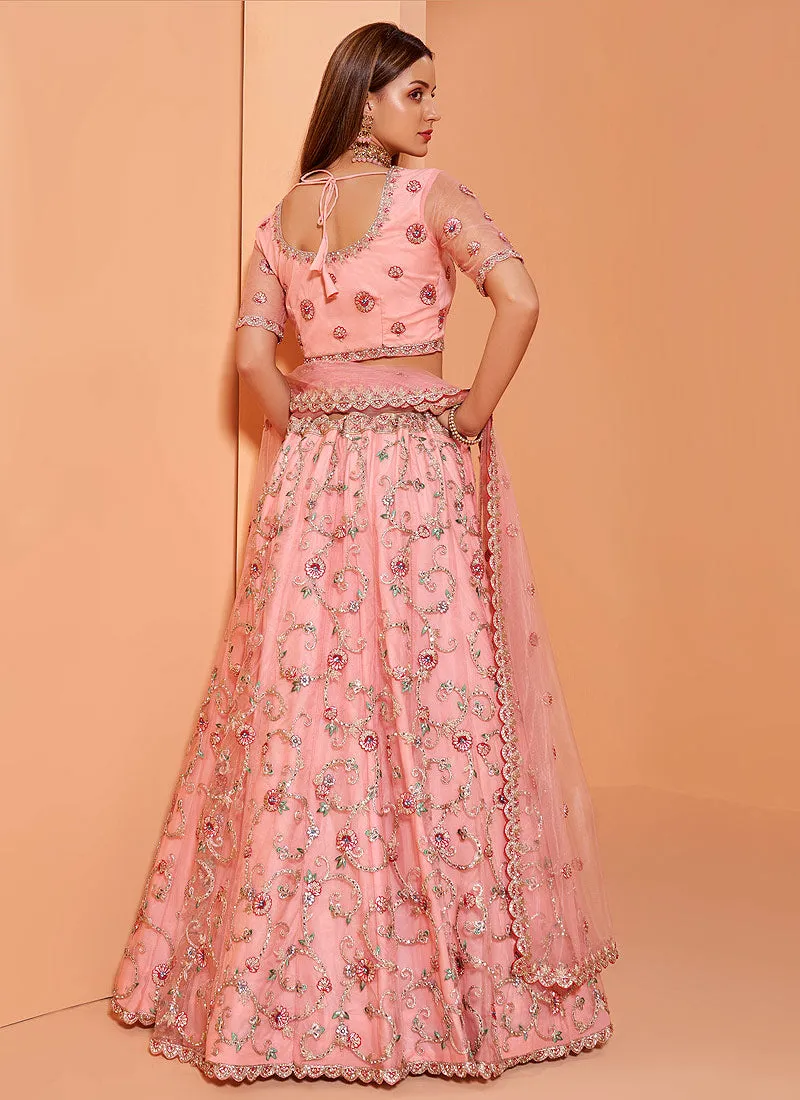Soft Pink Floral Embroidered Wedding Lehenga Choli