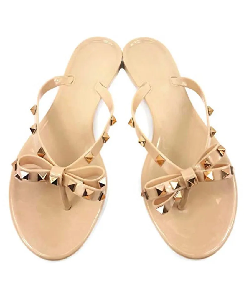 Studded Jelly Flip Flop Sandals w/Bow, Nude