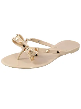 Studded Jelly Flip Flop Sandals w/Bow, Nude