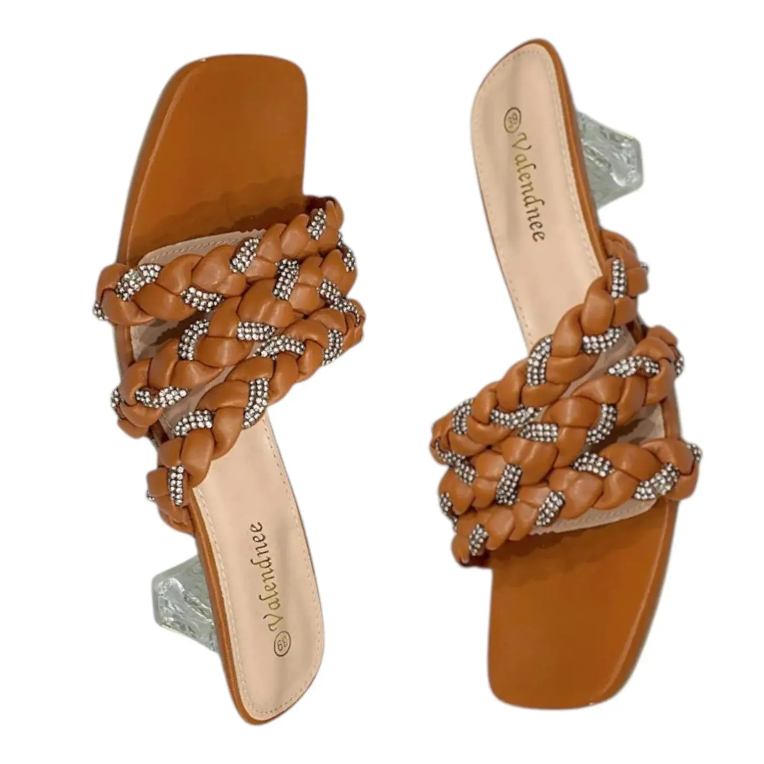 Valendnee Braided Rhinestone Block Heel Sandals