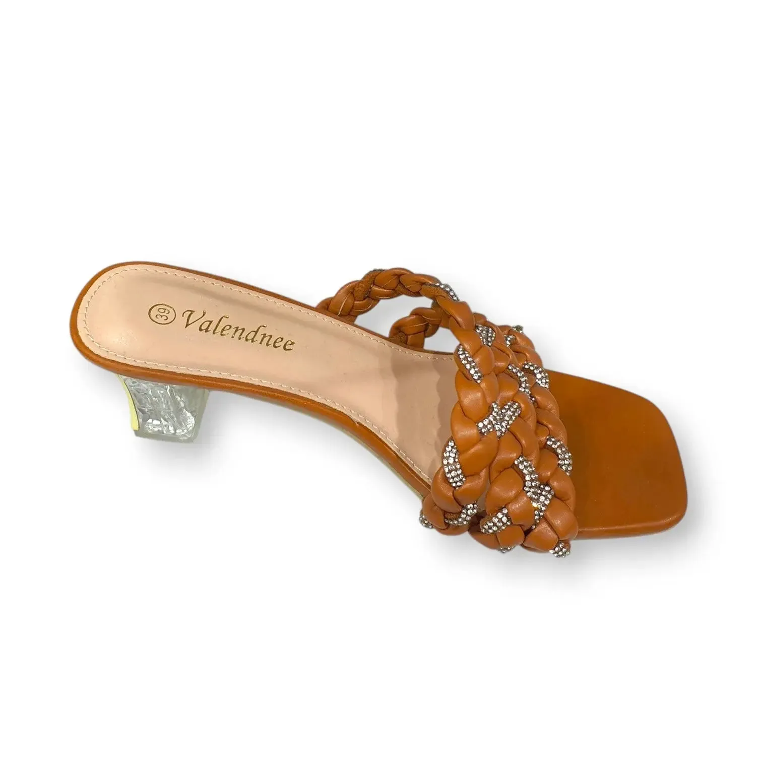 Valendnee Braided Rhinestone Block Heel Sandals