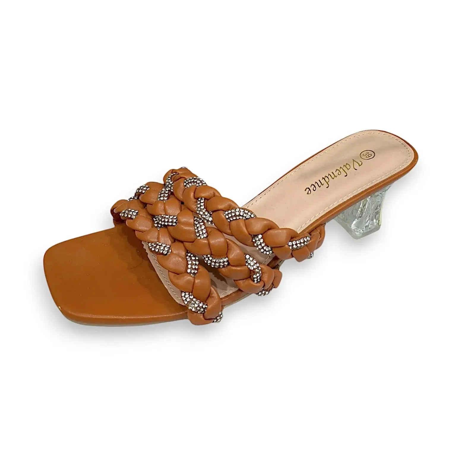 Valendnee Braided Rhinestone Block Heel Sandals