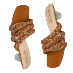Valendnee Braided Rhinestone Block Heel Sandals