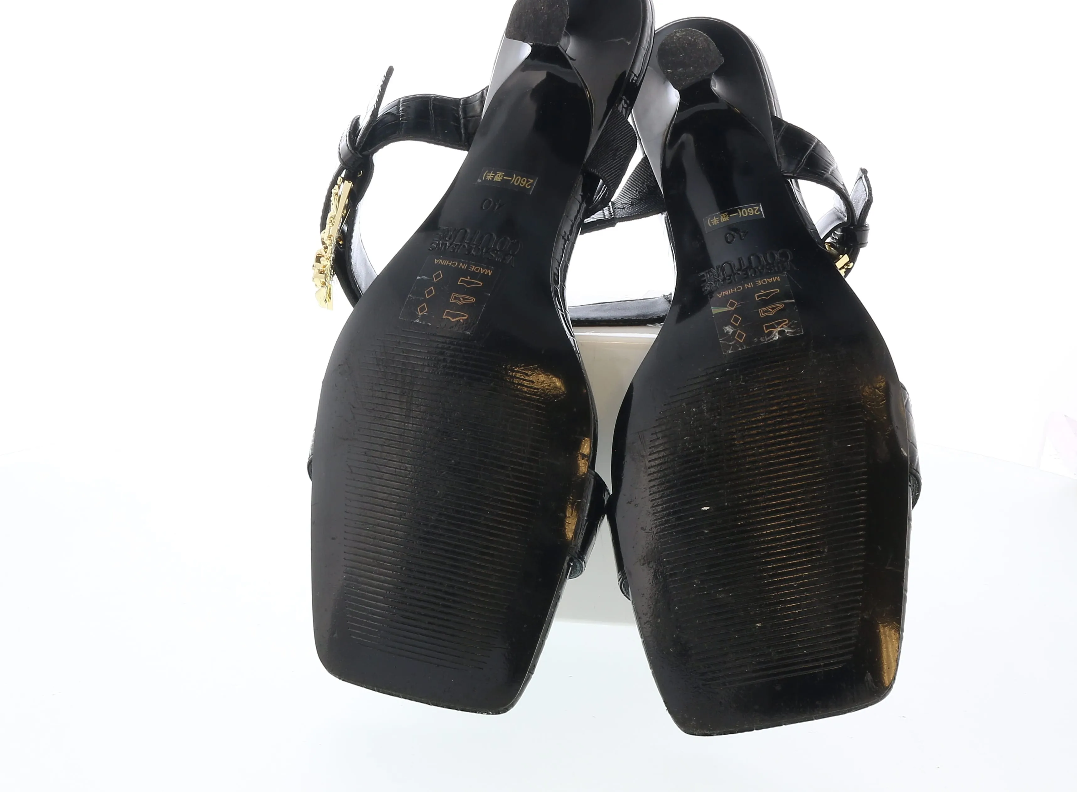 Versace Jeans Couture Black Kitten Heel Strappy Baroque Buckle Mules-10