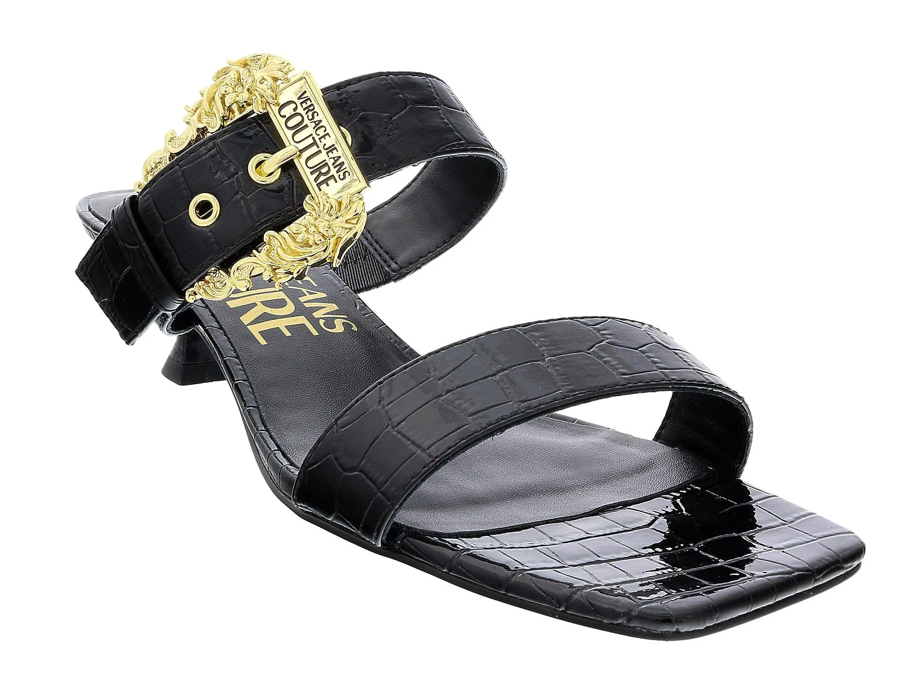 Versace Jeans Couture Black Kitten Heel Strappy Baroque Buckle Mules-10