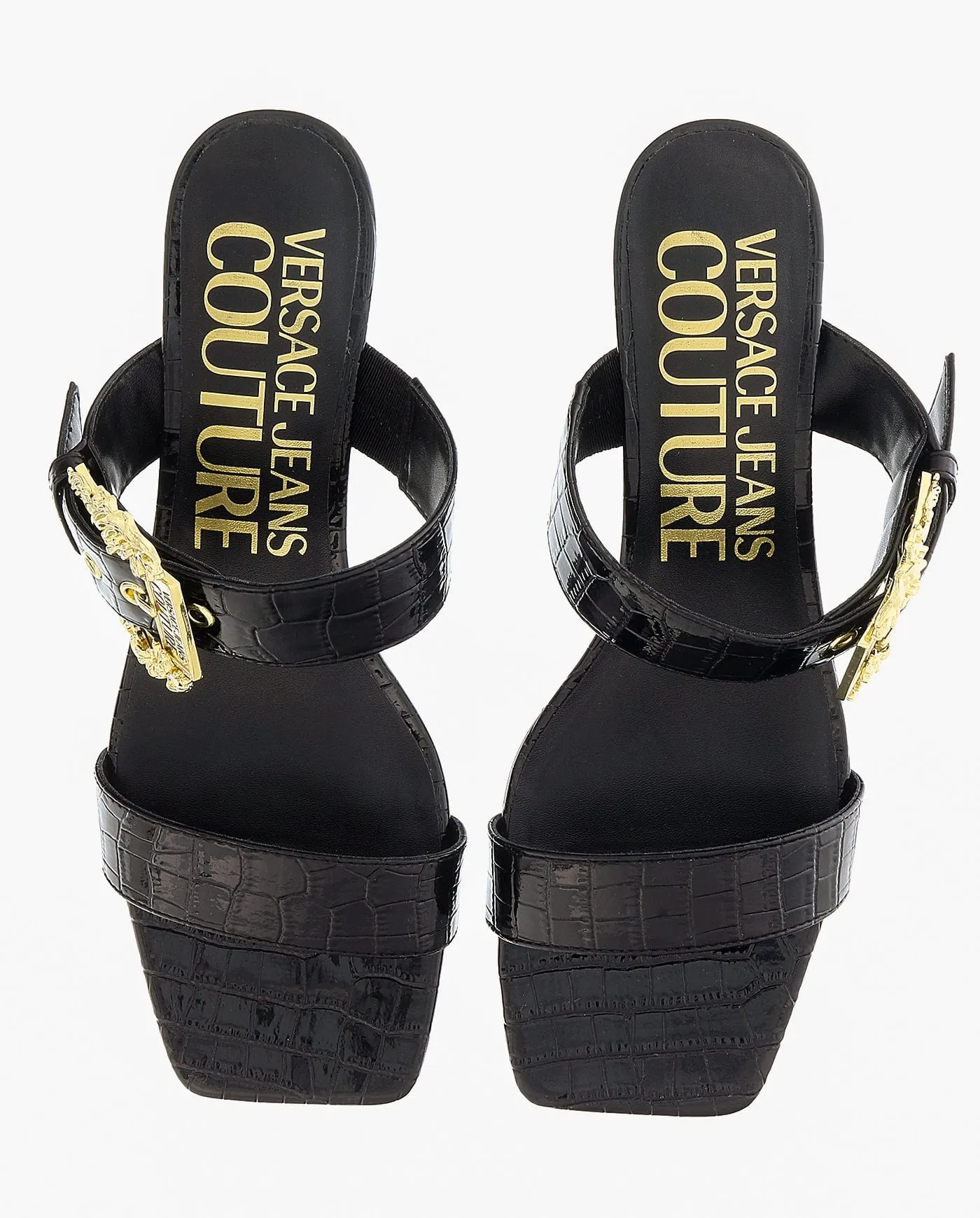 Versace Jeans Couture Black Kitten Heel Strappy Baroque Buckle Mules-10