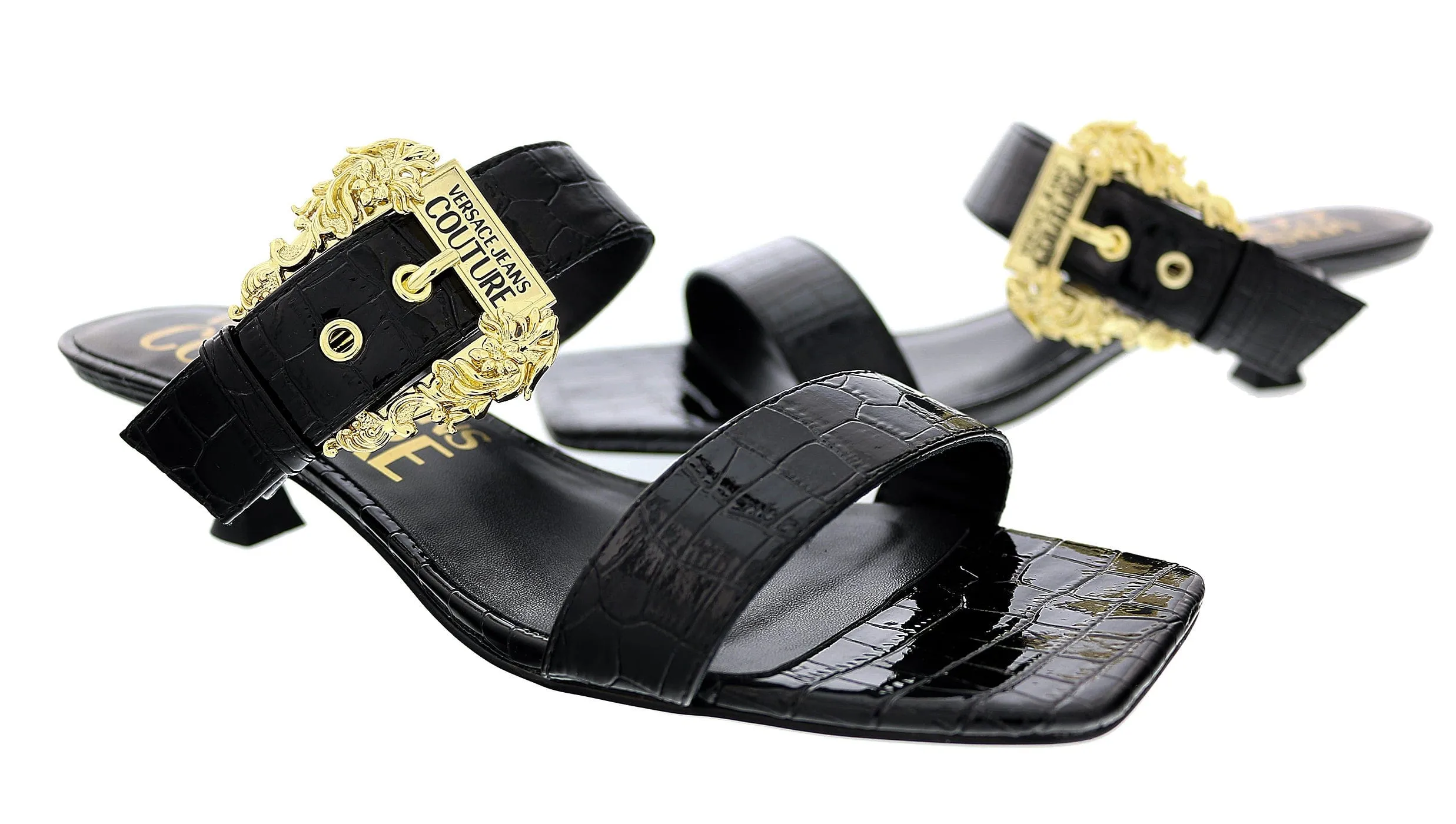 Versace Jeans Couture Black Kitten Heel Strappy Baroque Buckle Mules-10