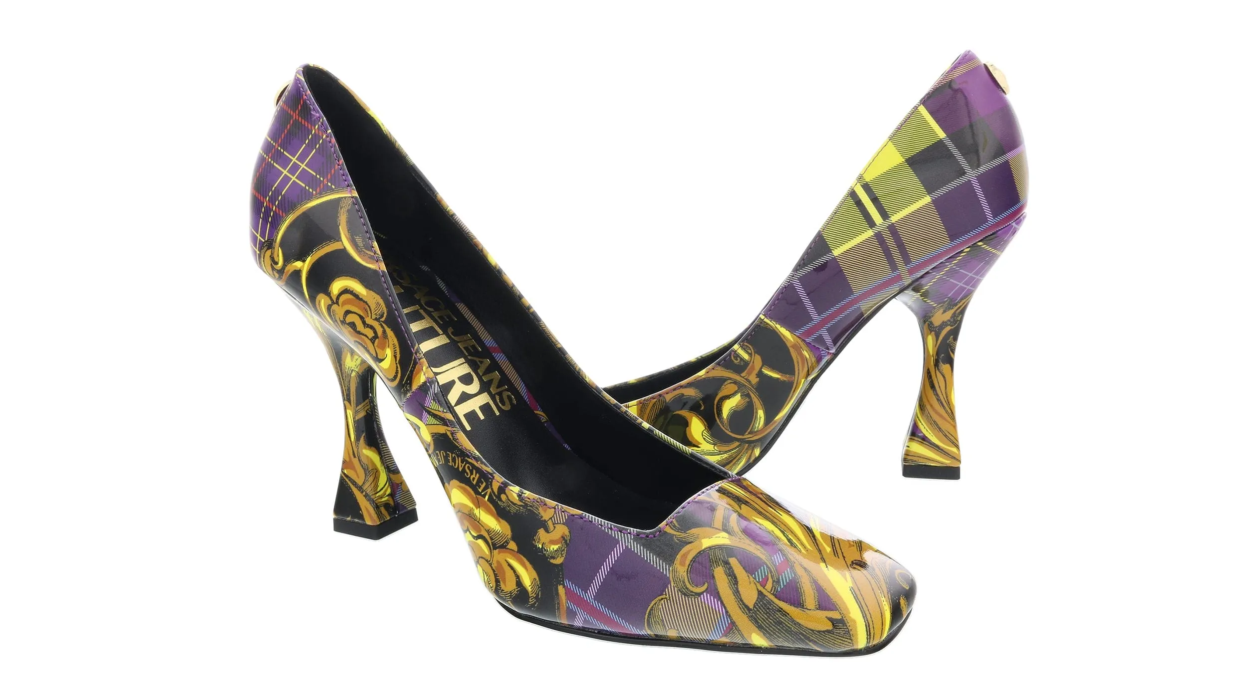 Versace Jeans Couture Purple Gold Plaid Baroque Square Toe Pump
