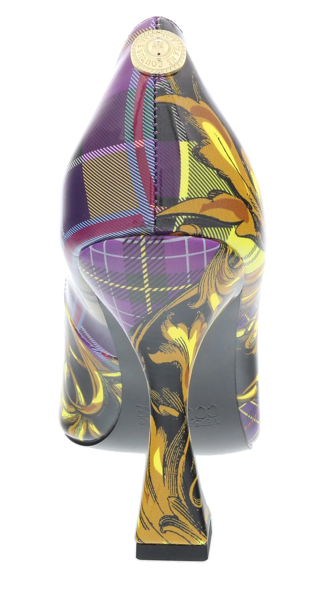 Versace Jeans Couture Purple Gold Plaid Baroque Square Toe Pump