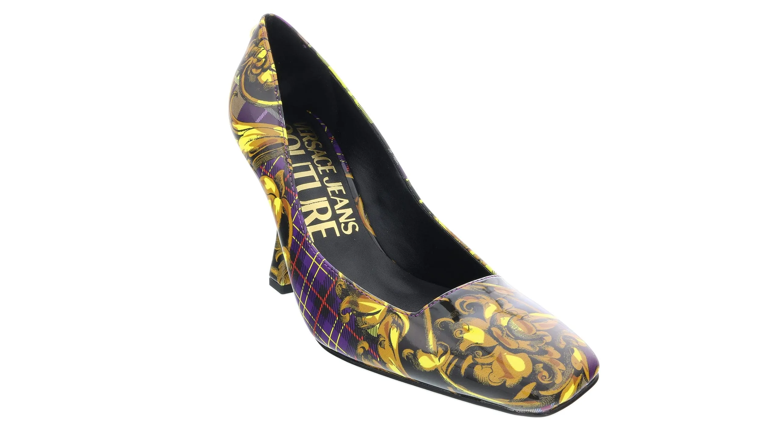 Versace Jeans Couture Purple Gold Plaid Baroque Square Toe Pump